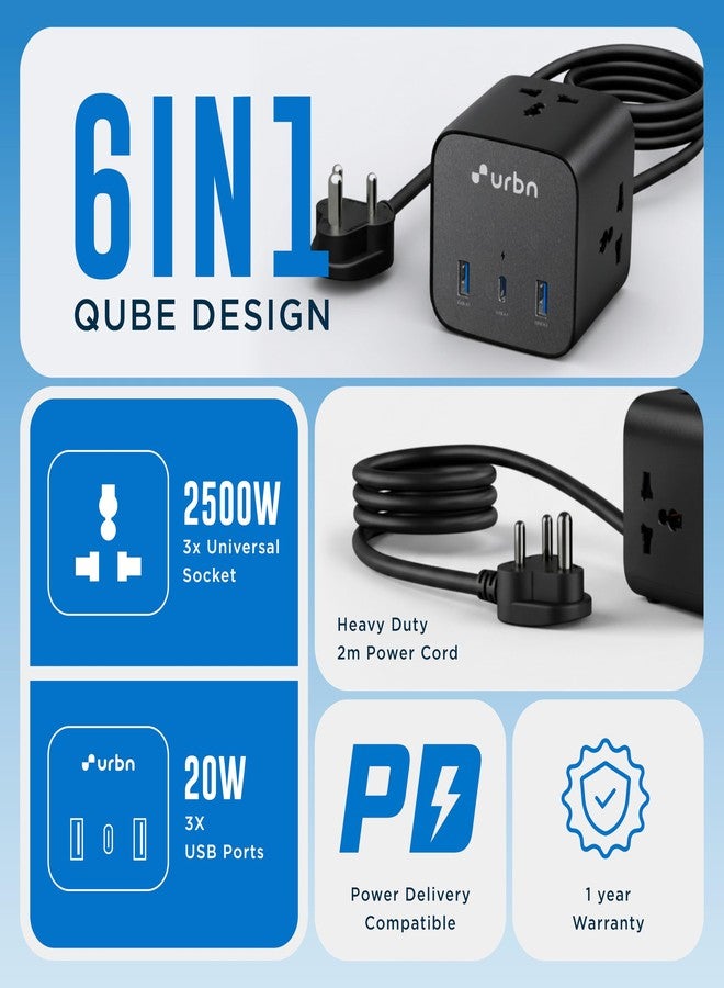 URBN 6-in-1 Qube Core Power Strip | 3 Universal Sockets (2500W) + 3 USB Ports (20W PD) | Fast Charging | Heavy Duty 2m Power Cord | Surge Protection | 1 Year Warranty (Black) - Image 3