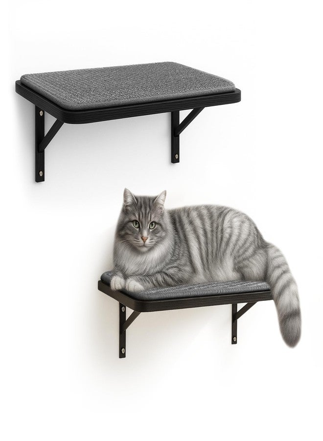 PELUOMOZ Cat Wall Shelves Set of 2, Black Solid Wood Cat Lounging Shelf with Grey Sisal Cushion, Wall-Mounted Space-Saving Climbing Shelf, Window Perch for Kittens & Cats, Black Furniture for Indoor - Image 1