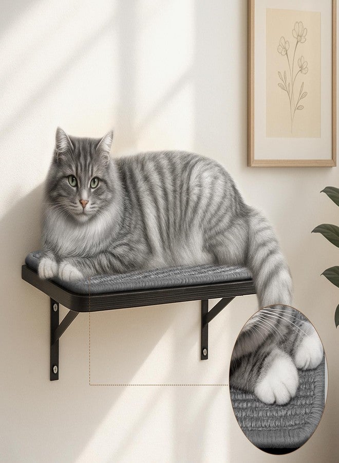 PELUOMOZ Cat Wall Shelves Set of 2, Black Solid Wood Cat Lounging Shelf with Grey Sisal Cushion, Wall-Mounted Space-Saving Climbing Shelf, Window Perch for Kittens & Cats, Black Furniture for Indoor - Image 2