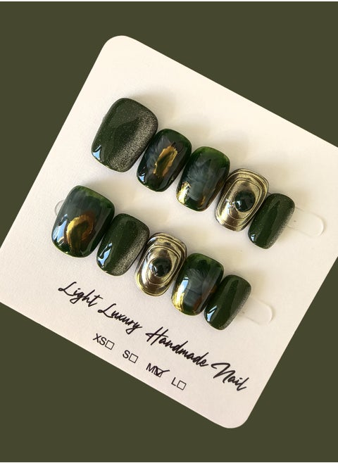 Sophisticated Handmade Square-shaped Press-on Nails: A Unique Blend of False Nails and Nail Art, Showcasing Elegant Dark Green with Captivating Metallic Accents (Size M)