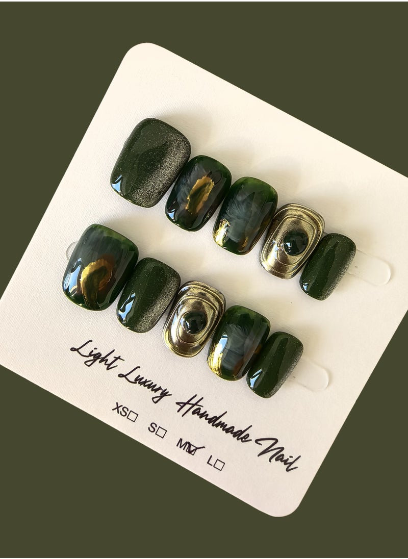 Sophisticated Handmade Square-shaped Press-on Nails: A Unique Blend of False Nails and Nail Art, Showcasing Elegant Dark Green with Captivating Metallic Accents (Size M)