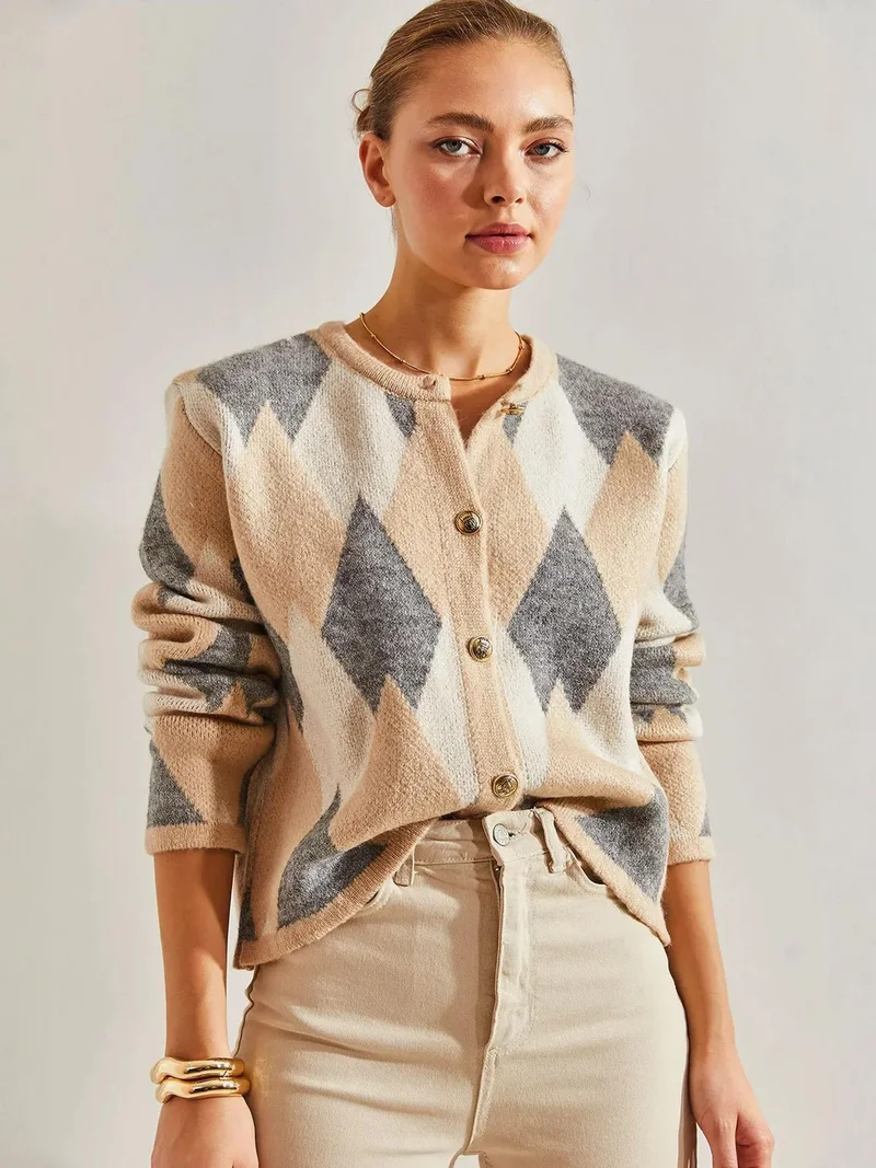 LUCCI Geometric Knitwear Button-Up Crop Cardigan