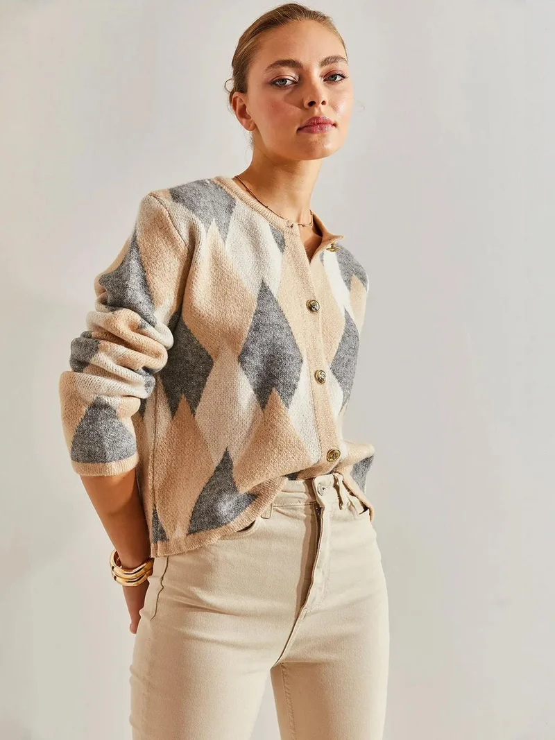Bianco Lucci Natural LUCCI Geometric Knitwear Button-Up Crop Cardigan for Women | Best Price UAE