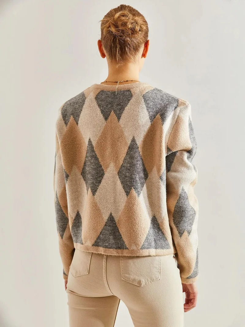 Bianco Lucci Natural LUCCI Geometric Knitwear Button-Up Crop Cardigan for Women | Best Price UAE