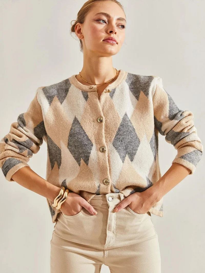 Bianco Lucci Natural LUCCI Geometric Knitwear Button-Up Crop Cardigan for Women | Best Price UAE