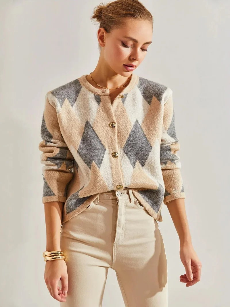 Bianco Lucci Natural LUCCI Geometric Knitwear Button-Up Crop Cardigan for Women | Best Price UAE