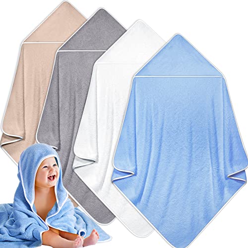 Reginary 4 Pack Baby Hooded Towels Coral Fleece Baby Bath Towels 30 x 30 Inch Soft Absorbent Hooded Bath Blanket for Newborn Toddler Infant Boy Girl Shower Gift Supplies White Gray Brown Blue