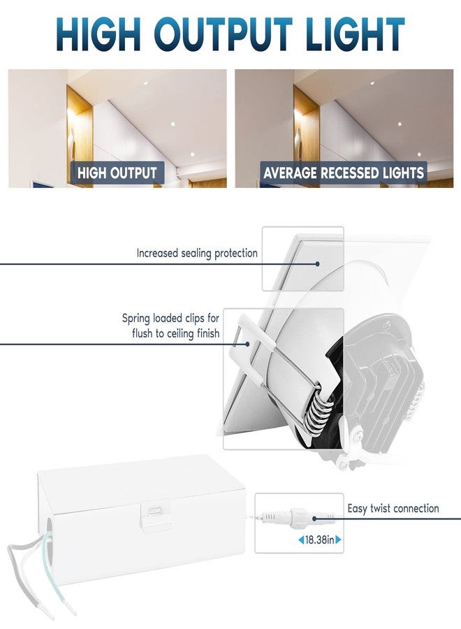 LUXRITE 3 Inch Square LED Recessed Ceiling Light with Junction Box, 10W, 5CCT Selectable 2700K/3000K/3500K/4000K/5000K, 800LM High Brightness, Dimmable Canless Downlight, Wet Rated, IC Rated, ETL - Image 3