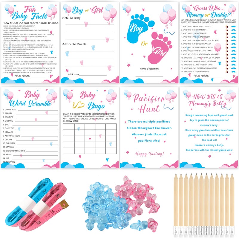 Mecholey 200 Pieces Gender Reveal Games for Guests, Gender Reveal Decorations Idea, Baby Shower Cards and Pencils for Boy or Girl Gender Reveal - Image 1