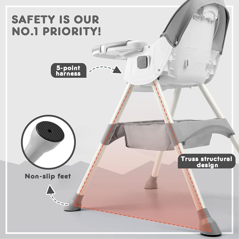 Bentifar High Chair for Babies and Toddlers, Foldable Baby High Chair with Adjustable Backrest, Double Removable Tray, Supports Up to 50KG, Easy to Clean (Gray) - Image 4