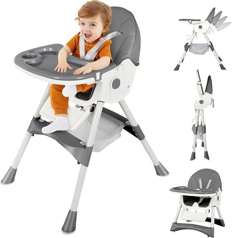 Bentifar High Chair for Babies and Toddlers, Foldable Baby High Chair with Adjustable Backrest, Double Removable Tray, Supports Up to 50KG, Easy to Clean (Gray) - Image 1