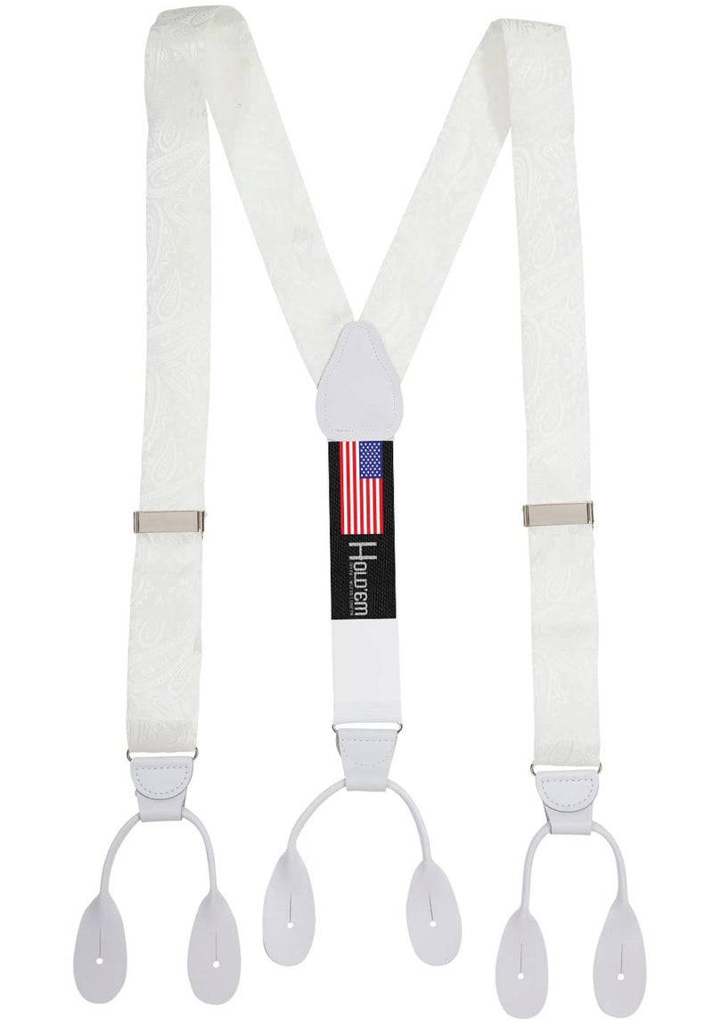 HOLD'EM 100% Silk Suspenders Men Y-Back Fancy Solid Button End-White Paisley - Image 1