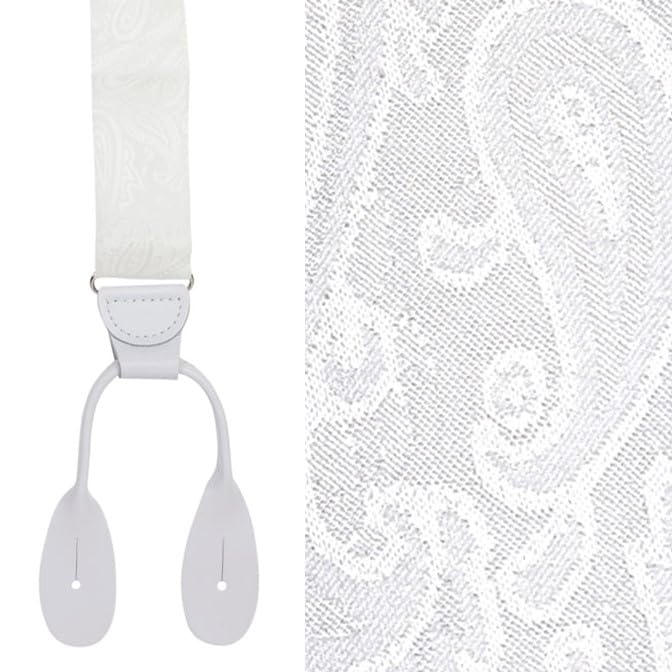 HOLD'EM 100% Silk Suspenders Men Y-Back Fancy Solid Button End-White Paisley - Image 2