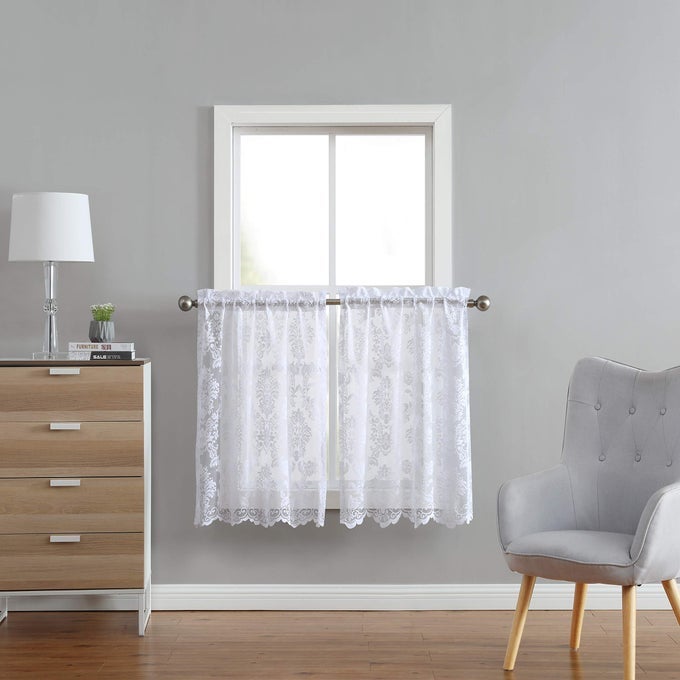 LACE KITCHEN CURTAINS WINDOW TREATMENT FOR KITCHEN OR SMALL WINDOW LACE TIERS CAN BE COMBINED WITH MATCHING SWAGS OR VALANCE FOR A CHARMING FARMHOUSE LOOK FIONA 30 X 36 WHITE