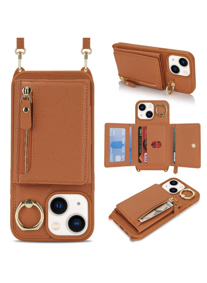 S-TOP Case For iPhone 14 / 13 Crossbody Zipper Wallet Ring Holder Litchi Leather Phone Case - Image 1