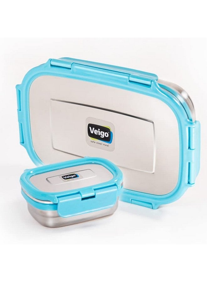 Veigo Steel Lunch Boxes for Office Men, Tiffin Box for Office Men, Lunch Box for Kids, Jumbo 950 ml, 180 ml Veg Box | Detachable Clips | Leakproof & Airtight | Durable Stainless Steel Lid | Aqua Blue - Image 1