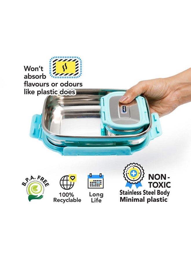 Veigo Steel Lunch Boxes for Office Men, Tiffin Box for Office Men, Lunch Box for Kids, Jumbo 950 ml, 180 ml Veg Box | Detachable Clips | Leakproof & Airtight | Durable Stainless Steel Lid | Aqua Blue - Image 3