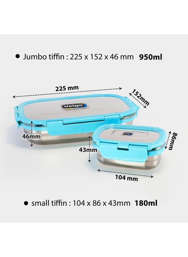 Veigo Steel Lunch Boxes for Office Men, Tiffin Box for Office Men, Lunch Box for Kids, Jumbo 950 ml, 180 ml Veg Box | Detachable Clips | Leakproof & Airtight | Durable Stainless Steel Lid | Aqua Blue - Image 4