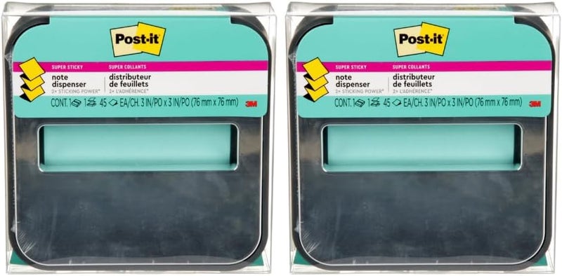 Post It Note Dispenser with Pop-up Notes, Black Base with Steel Top, 1 Aqua Splash 3 in. x 3 in. Super Sticky Note Pad, Classroom or Office Supplies - 2 Pack - Image 1