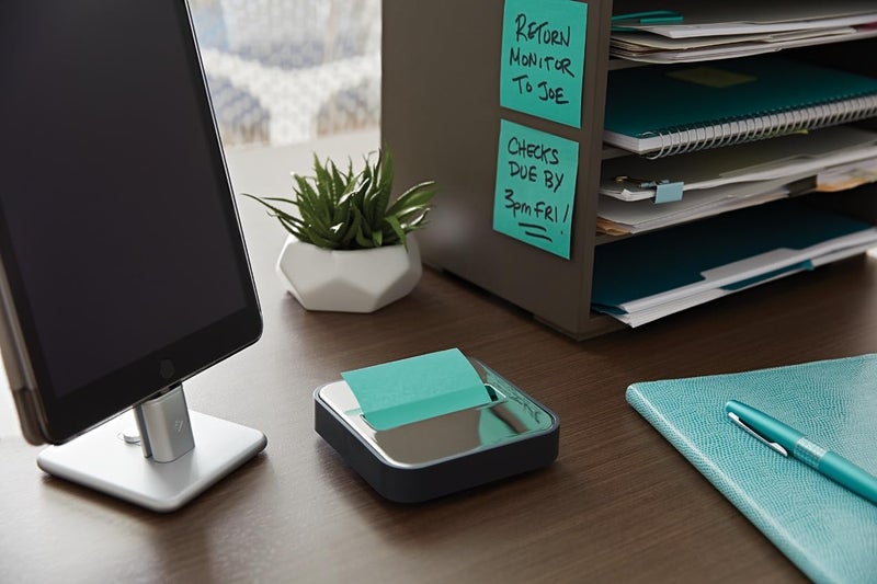 Post It Note Dispenser with Pop-up Notes, Black Base with Steel Top, 1 Aqua Splash 3 in. x 3 in. Super Sticky Note Pad, Classroom or Office Supplies - 2 Pack - Image 2