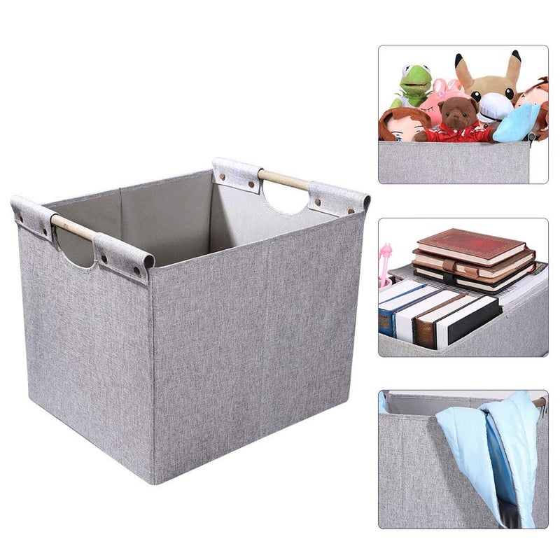 HOONEX Large Foldable Storage Bins, Linen Fabric, 2 Pack, with Wooden Carry Handles and Sturdy Heavy Cardboard, for Home, Office, Car, Nursery, Light Grey - Image 3