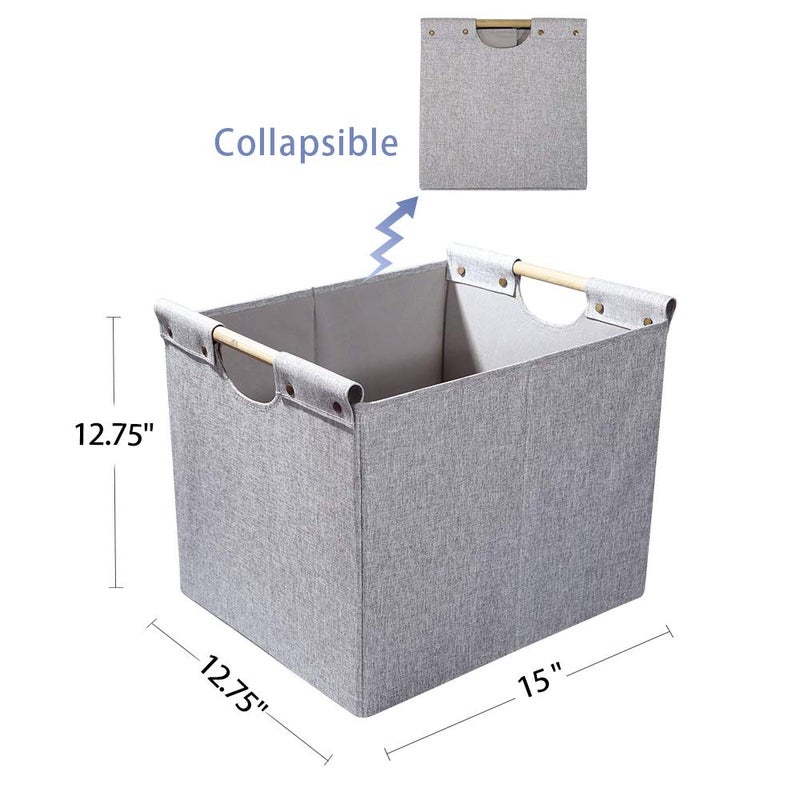 HOONEX Large Foldable Storage Bins, Linen Fabric, 2 Pack, with Wooden Carry Handles and Sturdy Heavy Cardboard, for Home, Office, Car, Nursery, Light Grey - Image 5