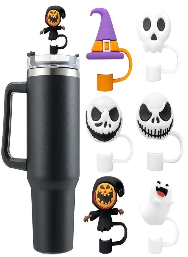 SEMATA 6PCS Halloween Straw Cover Cap for Stanley Cup Accessories,Silicone Straw Toppers for Stanley Tumbler 40&30 oz,Cute Skull Ghost Reusable Straw Tips Protectors Compatible with 10mm 0.4in Straws - Image 1