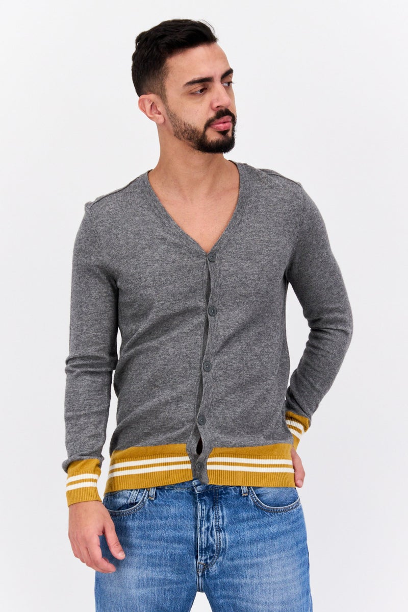 SELECTED Men V-Neck Long Sleeves Knitted Baron Cardigan, Grey  - Image 1