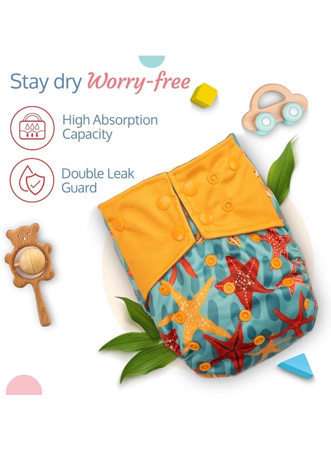 Luvlap Reusable Baby Cloth Diaper, Double Leak Guard, High Absorption, Quick Dry, Stain-Proof Comfort & Protection, 3m+, Adjustable Waist And Height With Snap Buttons, Absorbent Insert, Blue Stars - Image 3