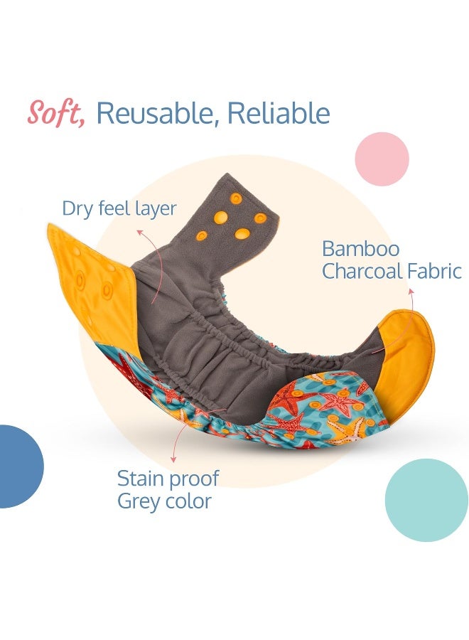 Luvlap Reusable Baby Cloth Diaper, Double Leak Guard, High Absorption, Quick Dry, Stain-Proof Comfort & Protection, 3m+, Adjustable Waist And Height With Snap Buttons, Absorbent Insert, Blue Stars - Image 2