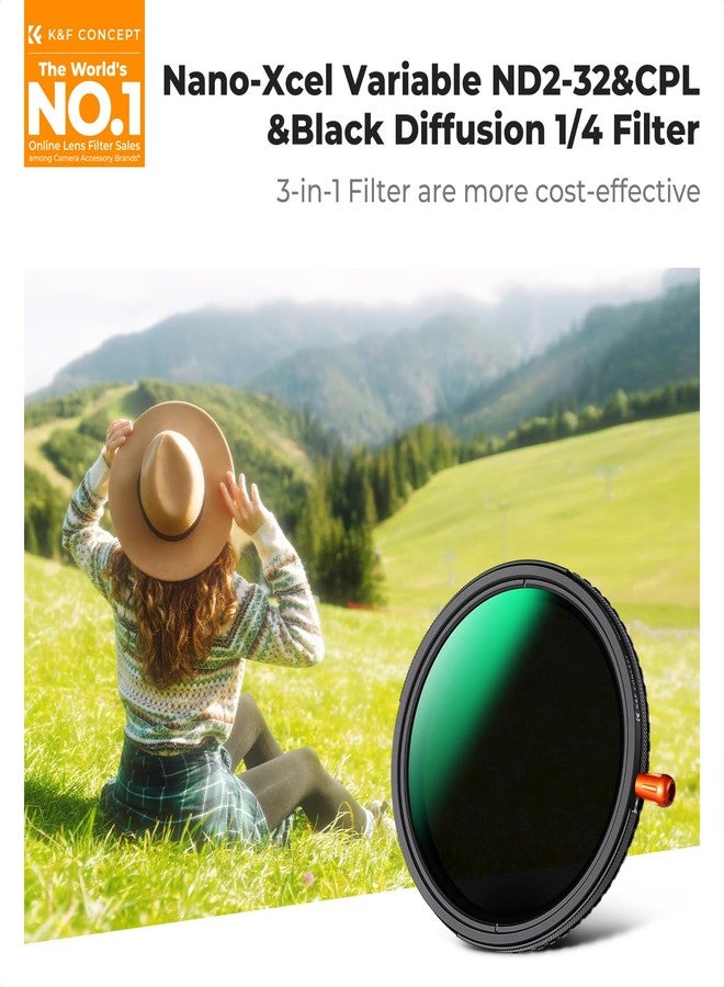 K&F Concept Nano-Xcel 67MM Variable Filter ND2-32 & Black-Mist 1/4 & Polarizer 3 in 1,ND2-32 Neutral Density & CPL & Black Diffusion 1/4 Filter with Cleaning Cloth - Image 2