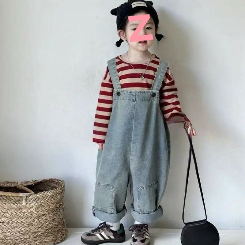 Korean Children'S Clothing Girls Retro Patch Denim Overalls New Baby Cute Loose Jumpsuit Suit - Image 1