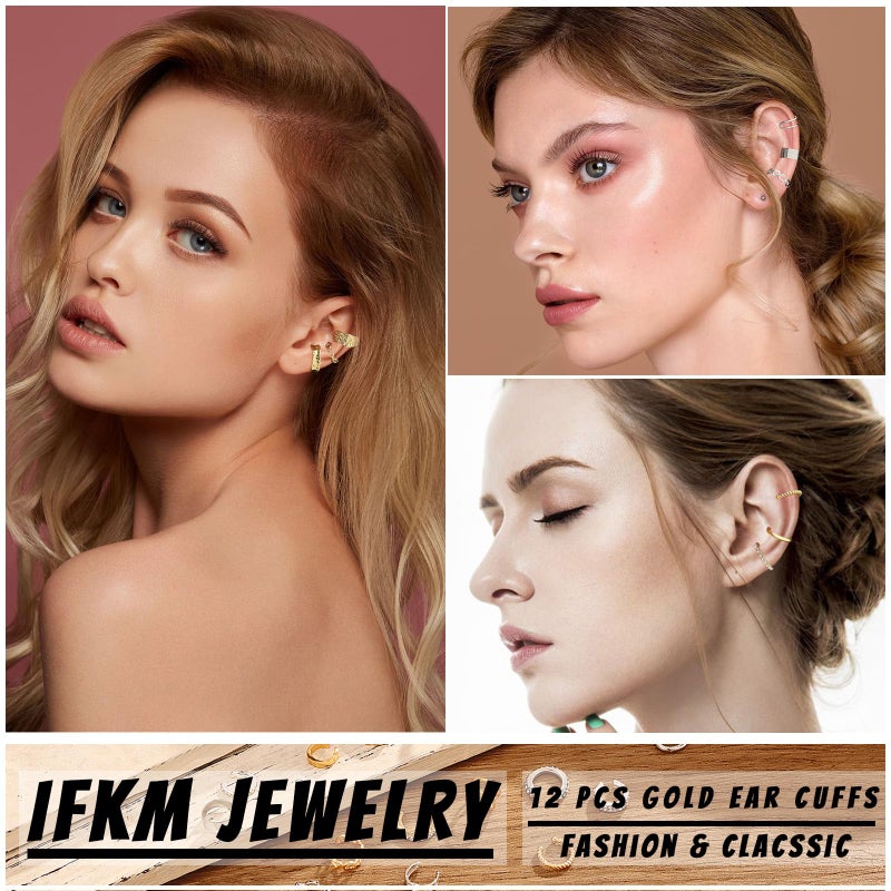 IFKM 12pcs Ear Cuffs For Women Non Piercing 14k Gold Silver Ear Cuffs Earrings Non Pierced Clip On Cartilage Earring Fake Earrings (Gold) - Image 2