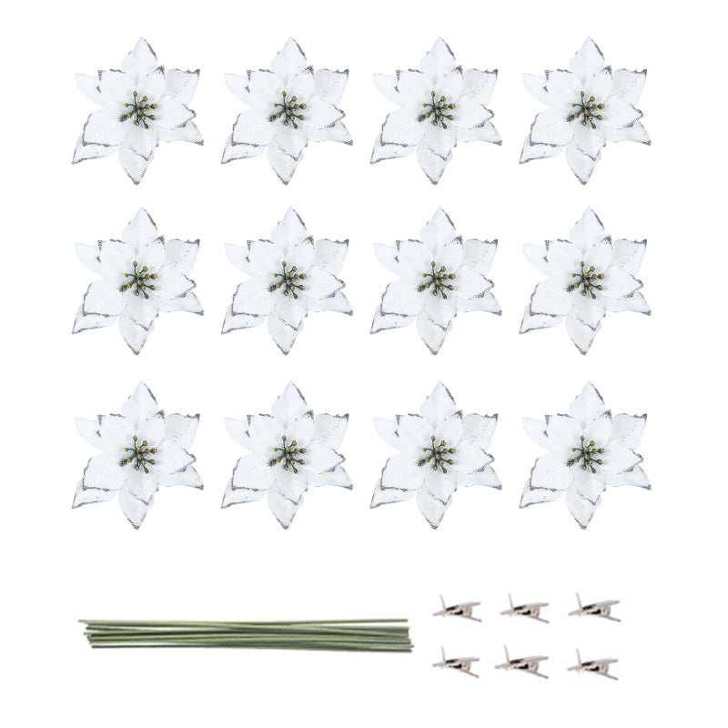 KEPATO Christmas Glitter Poinsettia Christmas Tree Ornaments Pack of 12 (White) - Image 2