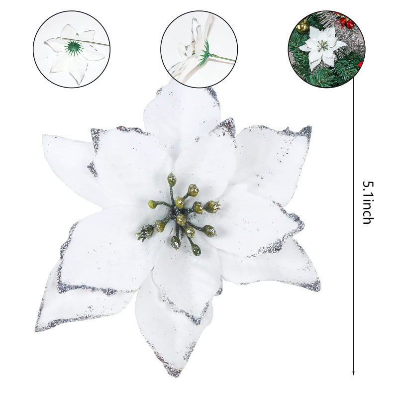 KEPATO Christmas Glitter Poinsettia Christmas Tree Ornaments Pack of 12 (White) - Image 3