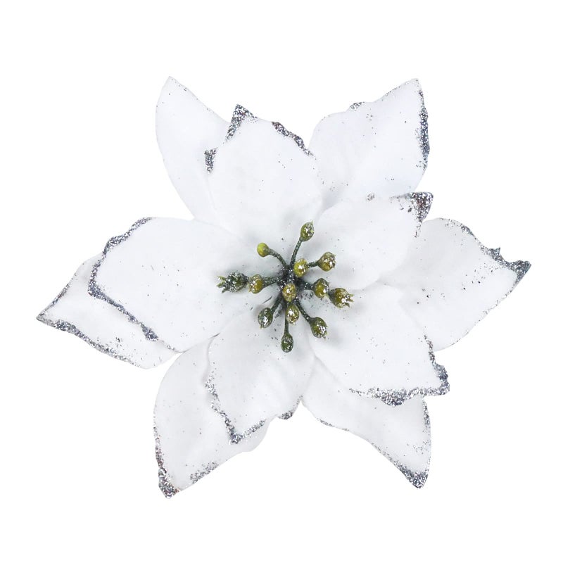 KEPATO Christmas Glitter Poinsettia Christmas Tree Ornaments Pack of 12 (White) - Image 1