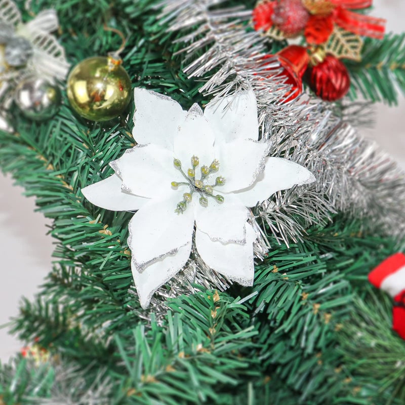KEPATO Christmas Glitter Poinsettia Christmas Tree Ornaments Pack of 12 (White) - Image 4