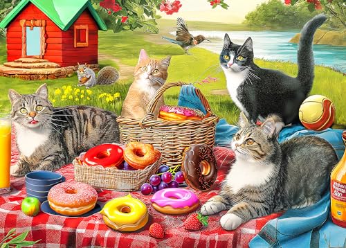 Mulic 300 Piece Puzzles for Adults Jigsaw Puzzles for Kids Seniors Picnic Kittens and Donut - Image 1