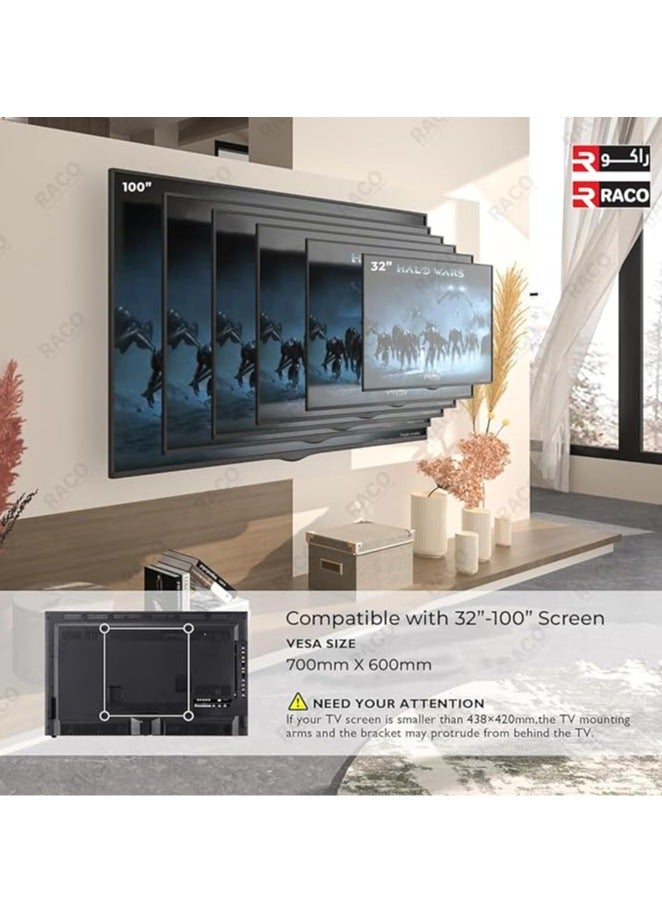 RACO Heavy Duty Wall Mount TV Bracket for 32"-100" Flat/OLED/4K TVs – Swivel, Extension Arm, Leveling, Max VESA 700x600mm – Up to 65kg - Image 4