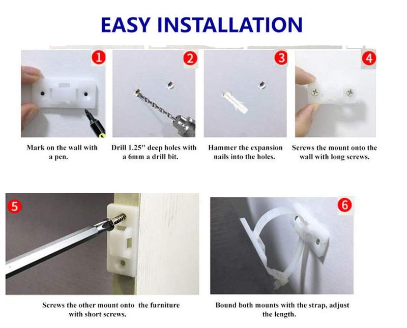 HUAHA 6 pack Anti Tip Furniture Wall Anchors Kit Furniture Straps for Baby Proofing Safety Child Safety Straps Earthquake Resistant for Dresser Cabinet Bookshelf,Bearing 150Ib Adjustable Nylon Straps - Image 2