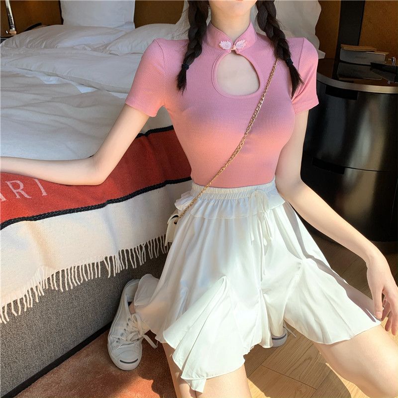 Retro Bow Cut Out Stand-Up Collar Short-Sleeved T-Shirt For Girls, Short Bottoming Shirt For Women, Tight-Fitting Top - Image 2