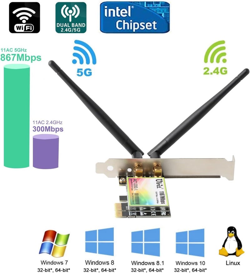 Ubit Pc WiFi Card 11AC1200A Up to 1200 Mbit/s, Wireless Dual-Band Gigabit WLAN Adapter, Pcie WiFi Card for Desktop/PC Gaming - Image 4