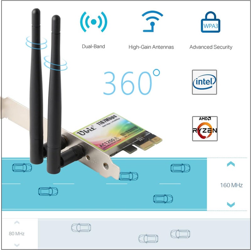 Ubit Pc WiFi Card 11AC1200A Up to 1200 Mbit/s, Wireless Dual-Band Gigabit WLAN Adapter, Pcie WiFi Card for Desktop/PC Gaming - Image 2