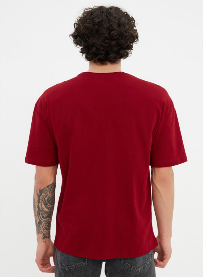trendyol Burgundy Relaxed/Casual Fit Crew Neck Printed 100% Cotton T-Shirt TMNSS20TS1099 - Image 2