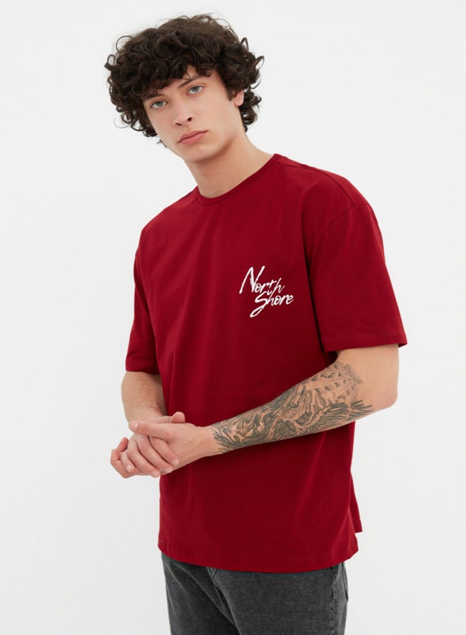 trendyol Burgundy Relaxed/Casual Fit Crew Neck Printed 100% Cotton T-Shirt TMNSS20TS1099 - Image 1
