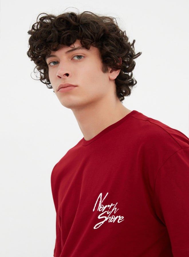trendyol Burgundy Relaxed/Casual Fit Crew Neck Printed 100% Cotton T-Shirt TMNSS20TS1099 - Image 4