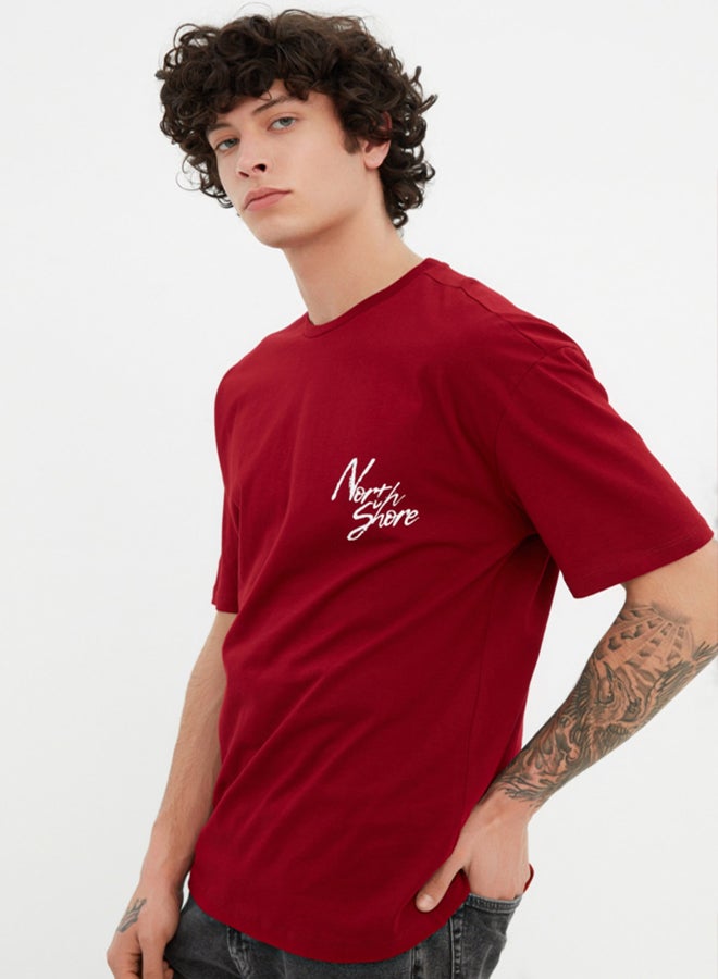 trendyol Burgundy Relaxed/Casual Fit Crew Neck Printed 100% Cotton T-Shirt TMNSS20TS1099 - Image 3