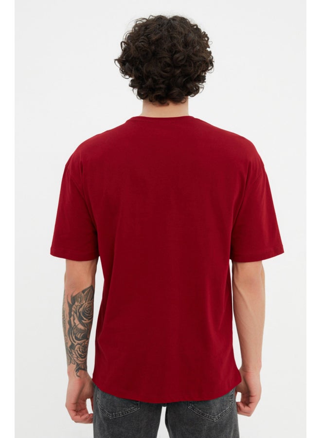 trendyol Burgundy Relaxed/Casual Fit Crew Neck Printed 100% Cotton T-Shirt TMNSS20TS1099 - Image 5