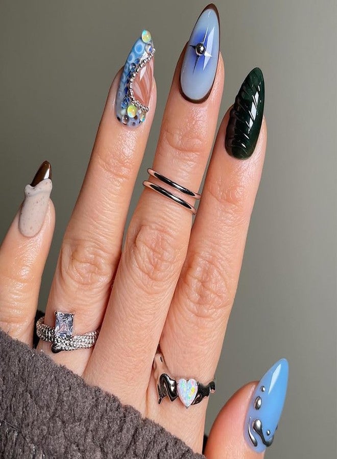 Lbpepamz 24Pcs Blue Press On Nails Short Almond Fake Nails With 3D Green Line Design French Tip Full Cover Glue On Nails Silver Charms Cross Stick On Nail Glossy Ombre Acrylic False Nail For Women