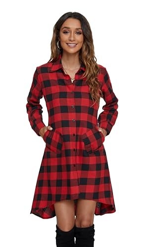 olrain Womens Plaids V Neck Long Sleeve Irregular Hem Casual Shirt Dress (Medium, Red) - Image 3